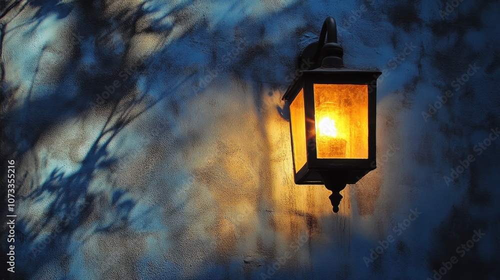 Aufkleber illuminated lantern against textured wall casting soft shadows in a serene evening atmosphere ideal 