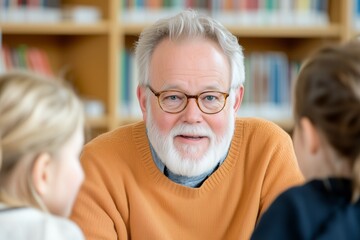 Elderly man with glasses explains concept to students in library with warm lighting and bookshelves