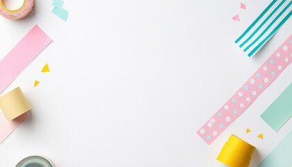 Fototapeta premium Bright washi tape border with stripes, dots, and grid patterns, white background, cheerful and crafty layout