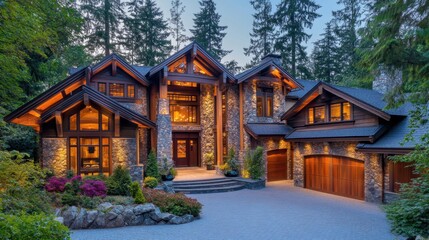 Fototapeta premium Stunning contemporary house nestled in a tranquil forest setting with warm lighting, stone facade, and elaborate architecture, perfect for serene lifestyle imagery.