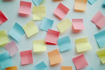 Colorful sticky notes scattered on a white surface create a vibrant and playful workspace atmosphere