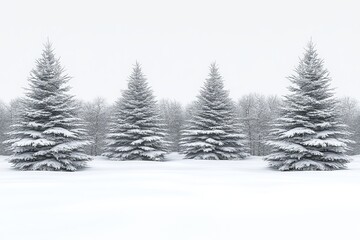 Fototapeta premium Symmetrical row of frosty pine trees in an open winter landscape under a soft gray sky capturing the calm and beauty of the holiday season with a serene natural ambiance