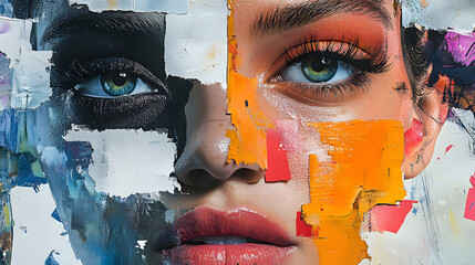 Abstract portrait of a beautiful woman composed of fragmented textures, blending modern art and surrealism; this visually striking image captures the essence of femininity and beauty through a mosaic-