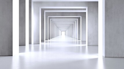 Endless white corridor with geometric light patterns, AI