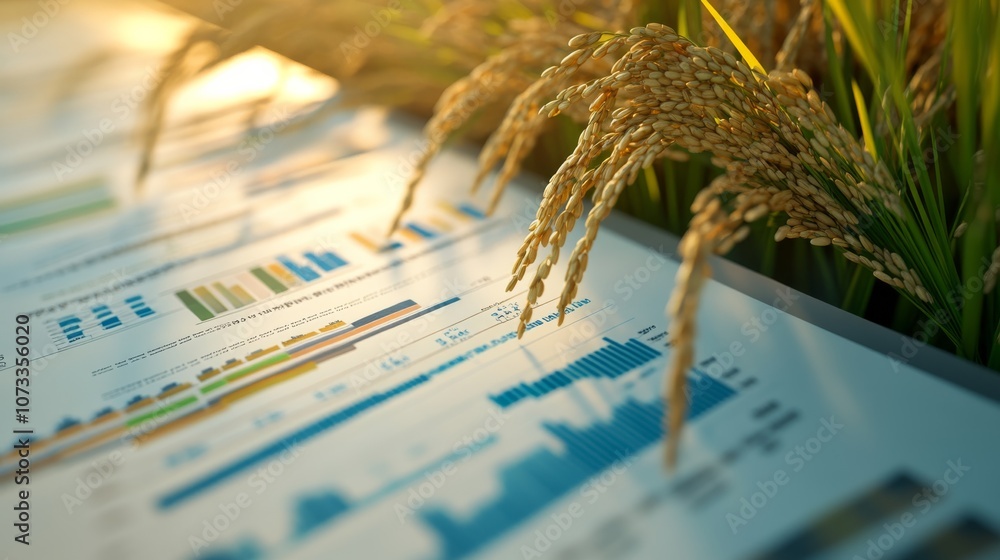 Poster a close-up of agricultural data sheets on a table, with golden grains in the foreground, highlightin