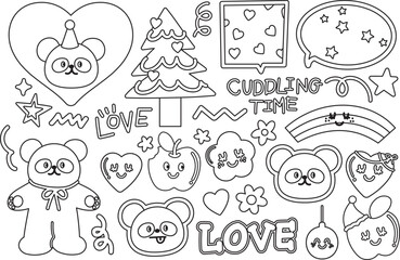 Cute outlines of happy panda, party hat, Christmas tree, apple, heart, rainbow, flower, star for festive decoration, cartoon character, comic, animal, zoo, souvenir, kid colouring book, art, painting