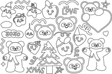 Obraz premium Outlines of happy panda with winter scarf, Christmas tree, heart, apple, star for kid colouring book, art, painting, cartoon character, comic, mascot, festive winter decoration, animal, zoo, souvenir