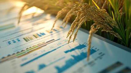 A close-up of agricultural data sheets on a table, with golden grains in the foreground, highlighting the intersection of farming and analytics.