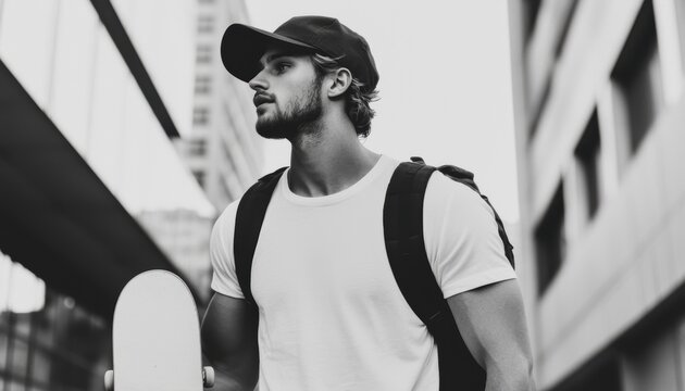 Fototapeta Skateboarder in sleeveless shirt walking in a graffiti-covered urban area, black-and-white street photography