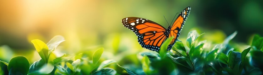 Naklejka premium A vibrant butterfly perched on lush green leaves, illuminated by soft sunlight, showcasing the beauty of nature and delicate wings.