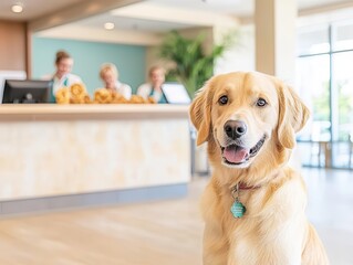 Dogfriendly hotel lobby with dog treats at the counter, friendly staff welcoming pets