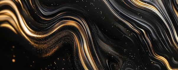 Swirling golden and black marble texture, abstract fluid design with rich metallic tones, bold artistic style