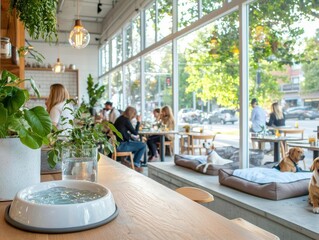 Dogfriendly restaurant with dog beds and water bowls, people dining with pets beside them