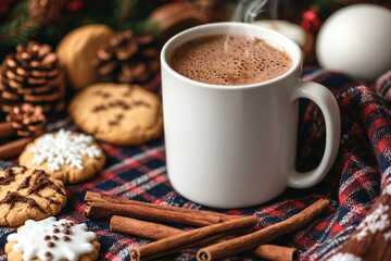 Fototapeta premium A cozy cup of hot chocolate surrounded by festive cookies and spices.