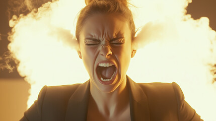 Wściekła młoda kobieta w odzieży biznesowej, z parą unoszącą się z jej uszu, co symbolizuje gniew i frustrację