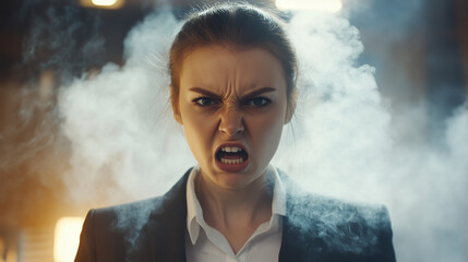 Wściekła młoda kobieta w odzieży biznesowej, z parą unoszącą się z jej uszu, co symbolizuje gniew i frustrację