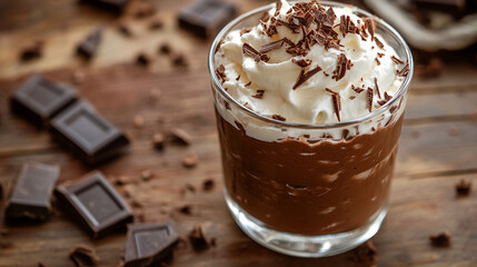Creamy chocolate mousse with whipped cream and chocolate garnish served in glass. Gourmet dessert on wooden background.