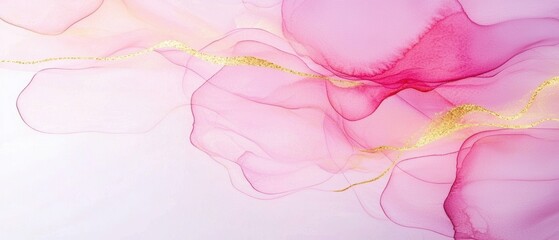 Abstract botanical design with gold line art and soft pink watercolor shapes, minimalist and graceful background