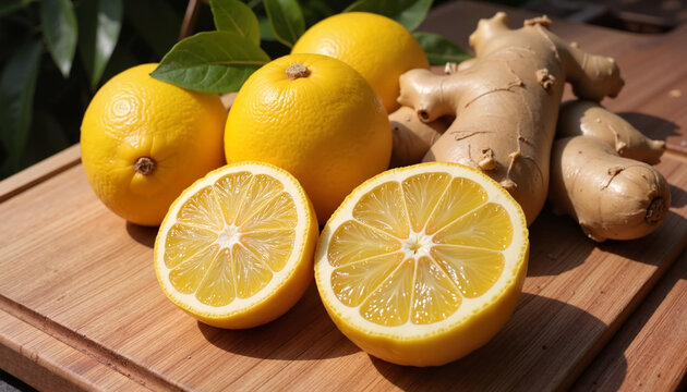 Fresh lemons and ginger roots sliced on a wooden cutting board, Immunity theme