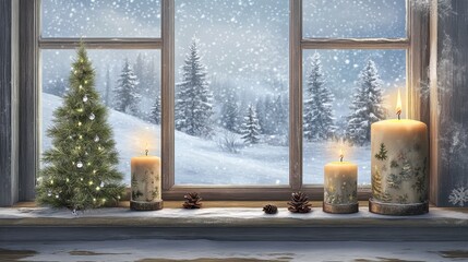 Naklejka premium Cozy Winter Scene Featuring Snowy Landscape, Snowfall Through Window, Candles and Pine Tree, Perfect for Holiday Decor and Seasonal Ambiance
