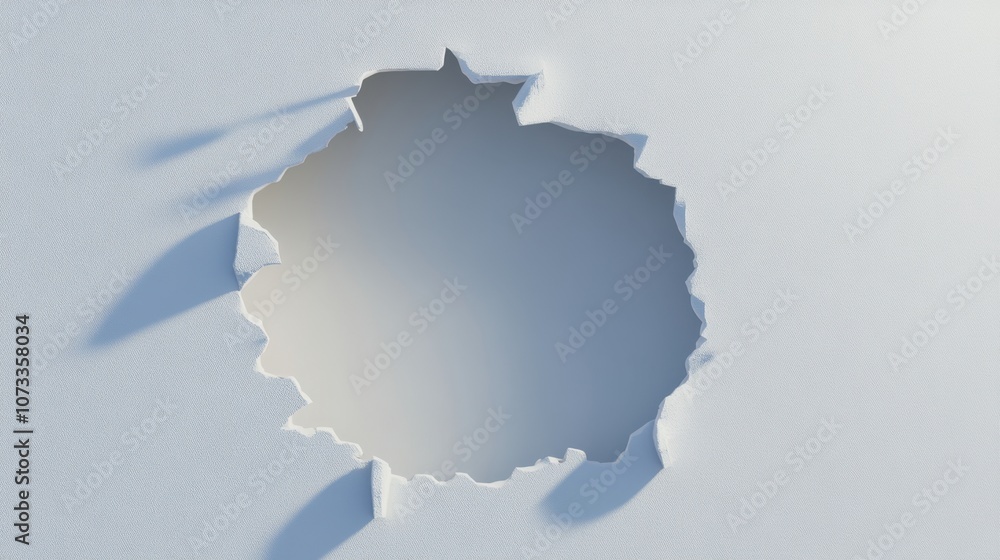 Poster abstract concept of damage with a circular hole in a white wall, creating a unique perspective and e