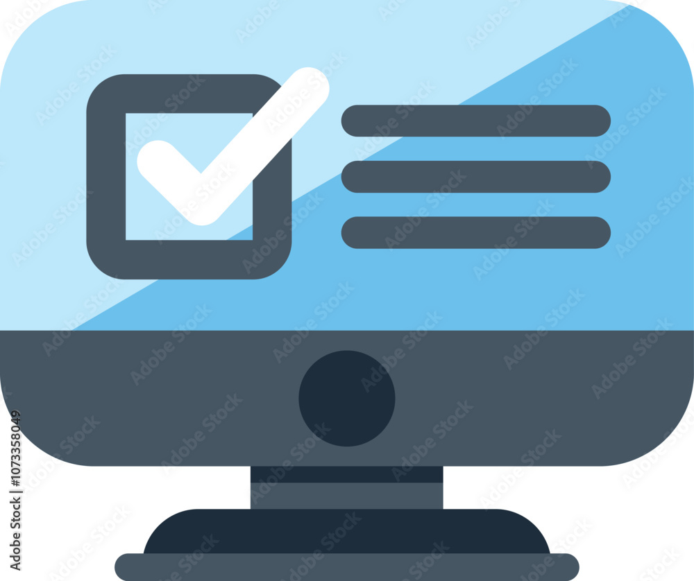 Poster computer monitor displaying a checkmark in checkbox representing online survey, exam, or completed t