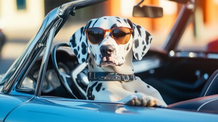A Dalmatian dog wearing sunglasses sits in the driver's seat of a convertible car. (2)