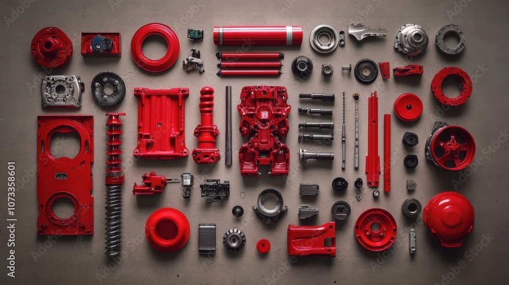 Poster vibrant array of red mechanical parts displayed on a neutral background, showcasing a variety of eng
