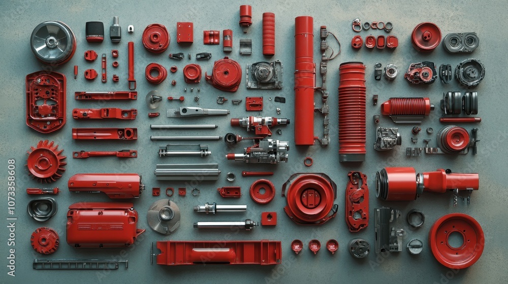 Poster a vibrant collection of red mechanical parts and components arranged harmoniously on a textured surf
