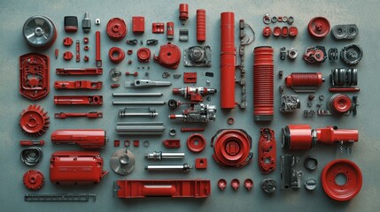 Fototapeta premium A Vibrant Collection of Red Mechanical Parts and Components Arranged Harmoniously on a Textured Surface for Industrial or Artistic Usage