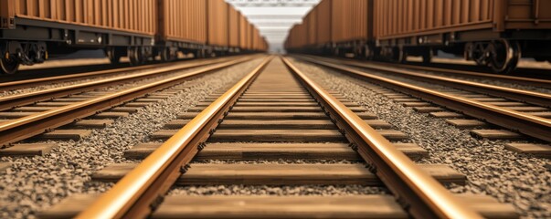 A perspective view of railway tracks stretching into the distance, flanked by freight train cars on either side, emphasizing transportation and industry.
