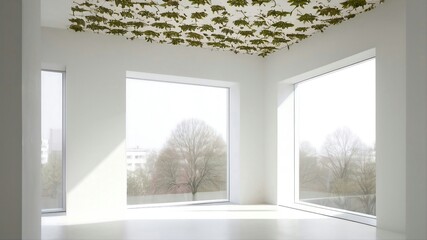 Modern house room with a window and flowers on the ceiling.