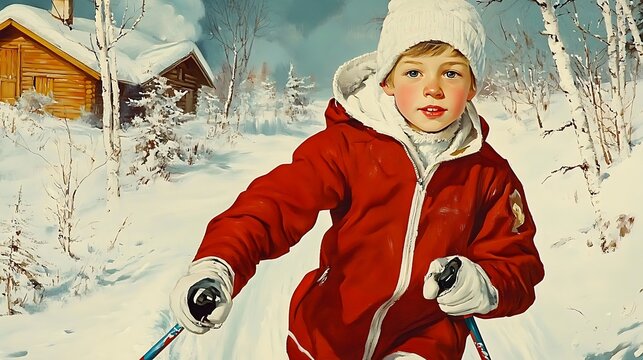 Skiing boy in red jacket enjoying winter in snowy village landscape