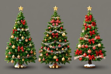 Arrangement of decorated Christmas trees with vintage inspired ornaments and lights against a dark background capturing a nostalgic holiday ambiance