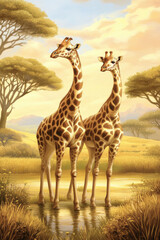 Obraz premium Two giraffes stand gracefully by a serene waterhole in the African savanna, AI