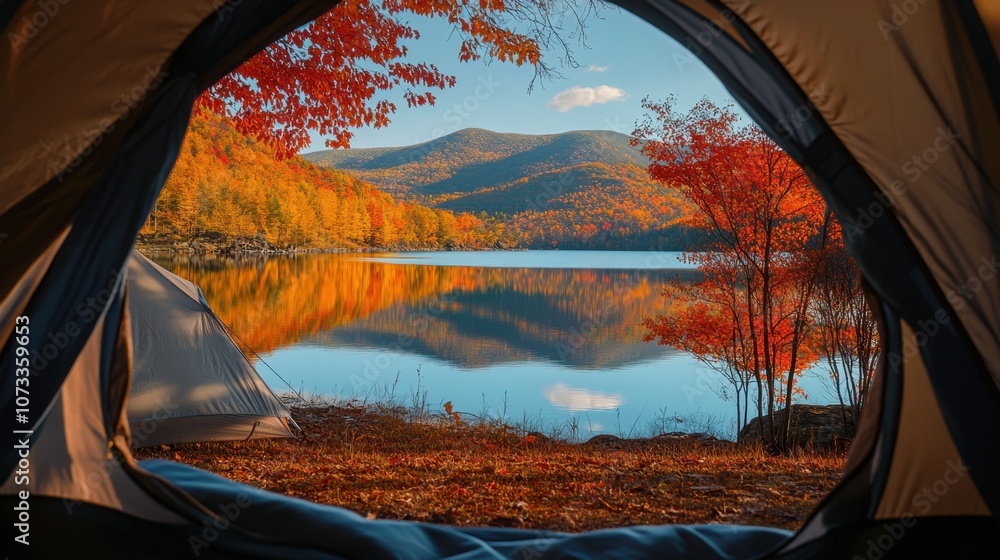 Poster scenic view of a serene autumn lake through a tent with vibrant fall foliage and reflection in calm 