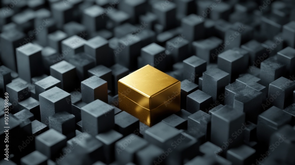 Poster a single golden cube surrounded by dark grey cubes on a textured surface representing unique value a
