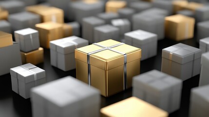 A Solo Golden Gift Box Surrounded by Silver Gift Boxes on a Dark Surface, Symbolizing Unique Treasures and Celebrations in a Festive Environment