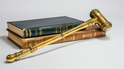 Naklejka premium Elegant Golden Gavel Resting on Stacked Vintage Law Books Against a Neutral Background, Symbolizing Justice and Legal Authority in a Professional Setting