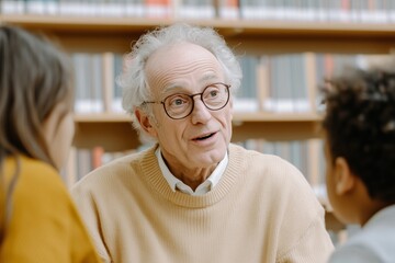 Elderly man teaches young students a concept in a cozy library setting