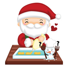 Colorful Christmas Santa Claus Character Baking Cooking Cake Holiday Cartoon Illustration Vector Clipart Sticker Decoration Background Accessories