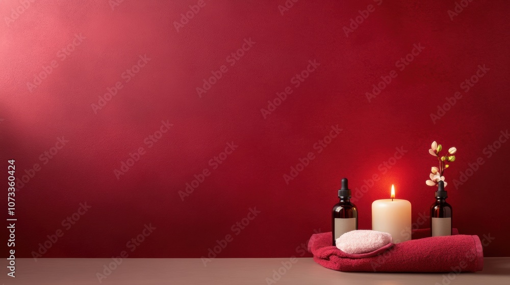 Poster spa essentials on a red background create a serene and calming atmosphere, ai