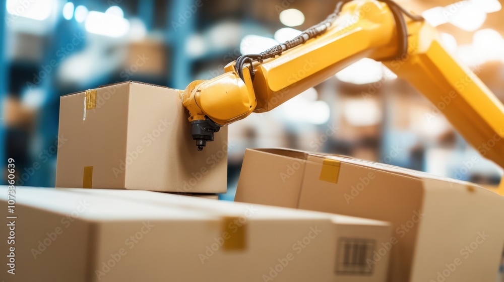 Poster advanced robotic arm handling cardboard boxes in a modern warehouse environment, showcasing automati