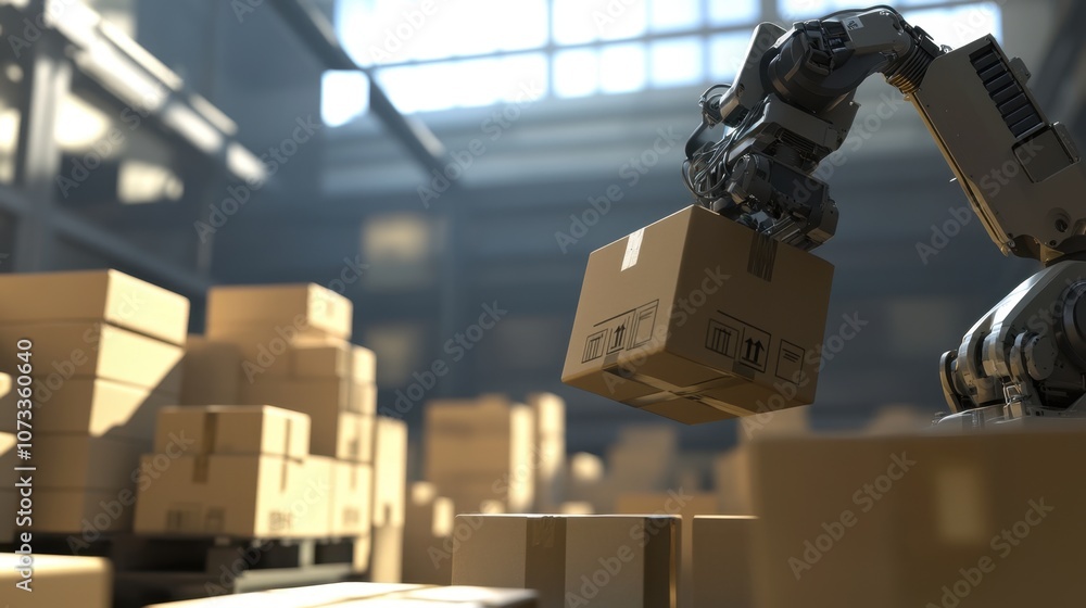 Poster robotic arm in warehouse lifting cardboard box with sunlight streaming through windows creating dyna