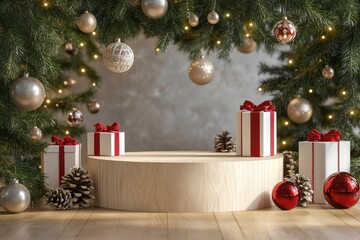 Merry Christmas event product display podium with decoration background 3d rendering with generative ai