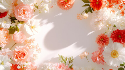 blossom flowers blooming floral festive bouquet wall fashion pink peach white background with copy space. 3D fashion pastel beautiful card wallpaper