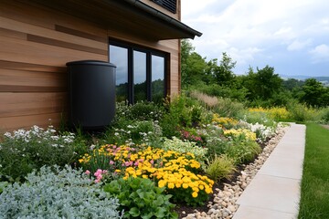 Home with a rainwater harvesting system installed – Highlighting sustainable living, water conservation, and eco-friendly home design solutions