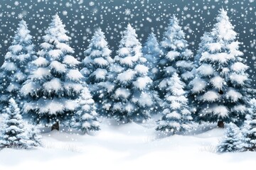 Snow covered pine trees densely packed under falling snow creating a tranquil winter wonderland scene with frosted branches and peaceful holiday ambiance