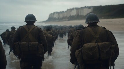 Soldiers landing on Normandy – Depicting a historic World War II moment, courage, and the intensity of the D-Day invasion
