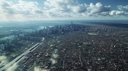 Aerial view of a sprawling city with a beautiful blue sky and puffy white clouds. The cityscape is a mix of skyscrapers and residential areas.